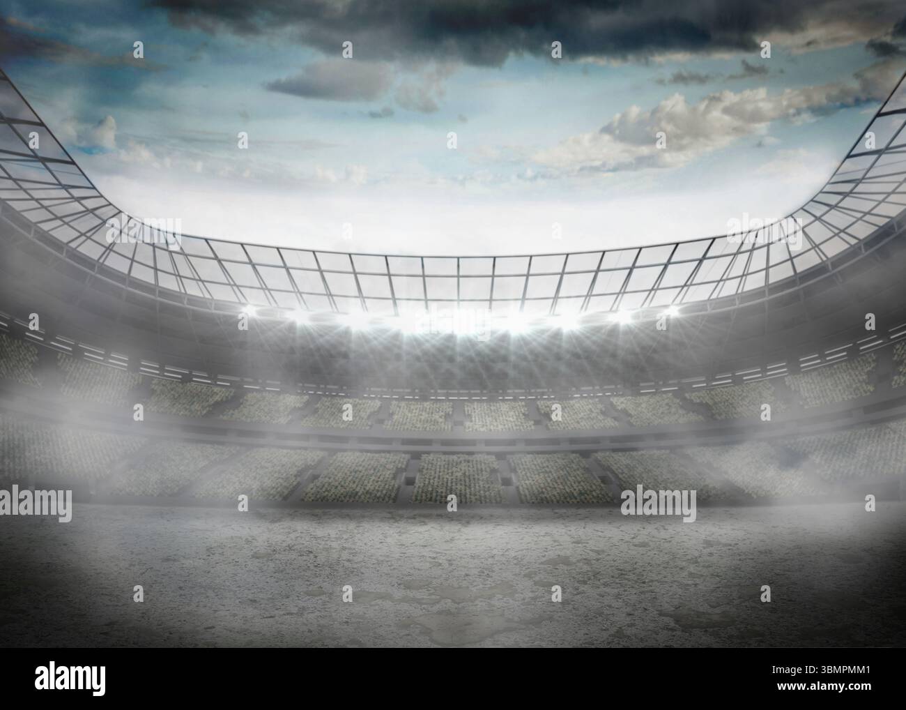 Lo stadio dal design piatto mostra il campo con posti a sedere a più livelli sotto i riflettori attraverso il cielo nuvoloso Foto Stock