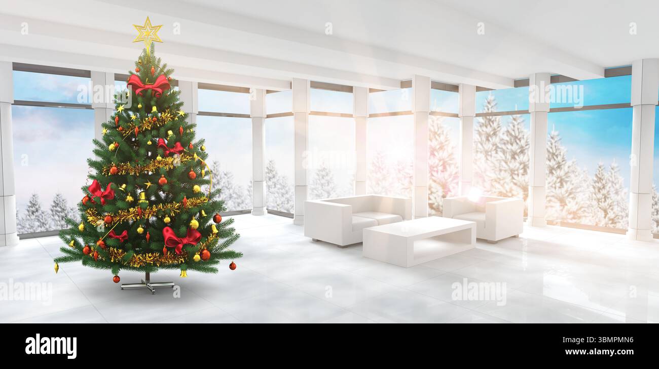 Il design piatto mostra un luminoso salotto con alberi di Natale decorati, divani bianchi e finestre innevate Foto Stock