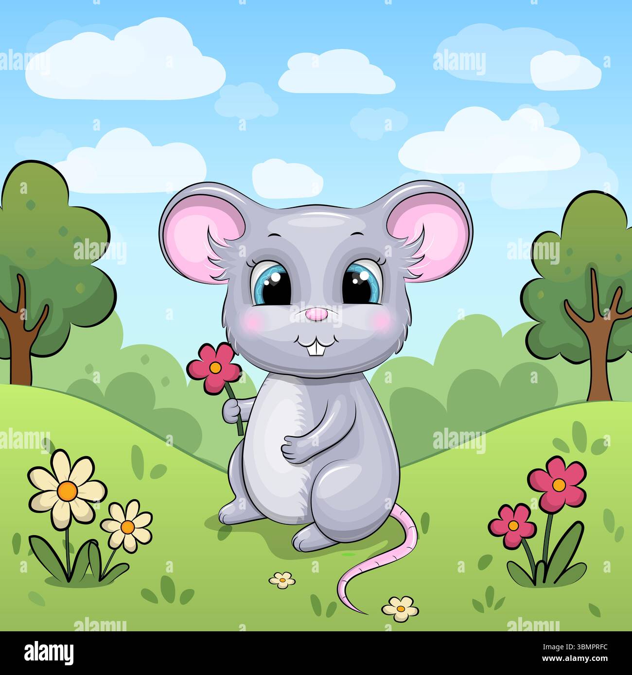Carino topolino seduto su erba verde in un colorato paesaggio primaverile con fiori, alberi e cielo blu. Illustrazione Vettoriale