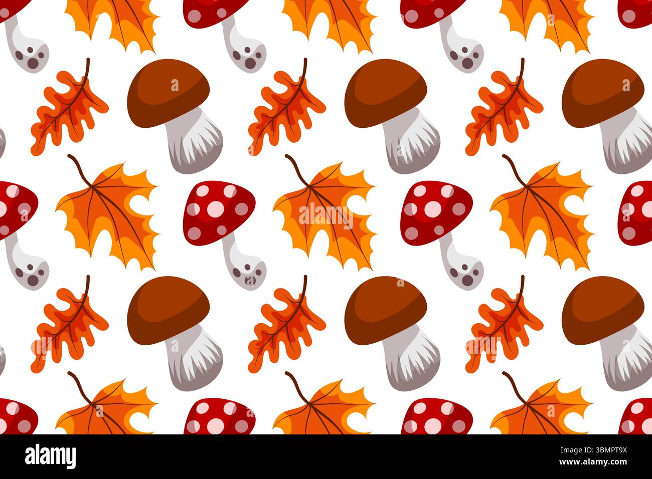Raccolto autunnale senza cuciture. Illustrazione vettoriale. Zucche, funghi, foglie di quercia cadenti, elementi su sfondo bianco. Illustrazione Vettoriale