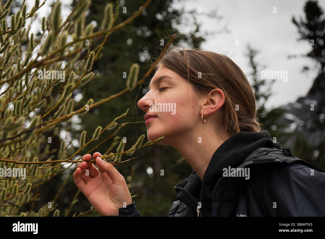 Donna che puzza dolcemente il ramo di salice in erba nella foresta primaverile Foto Stock