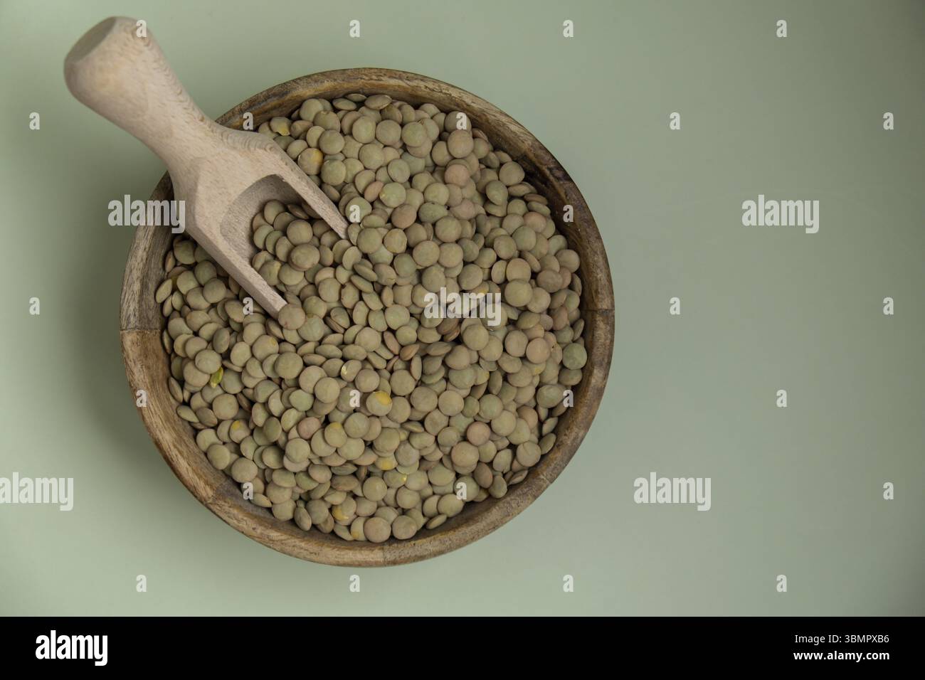 Spazio di copia lenticchie verde. Specie di grani di farro intero. Ingrediente alimentare vegano ricco di fibre ad alto contenuto proteico. Superfood senza glutine nutrizione sana Foto Stock