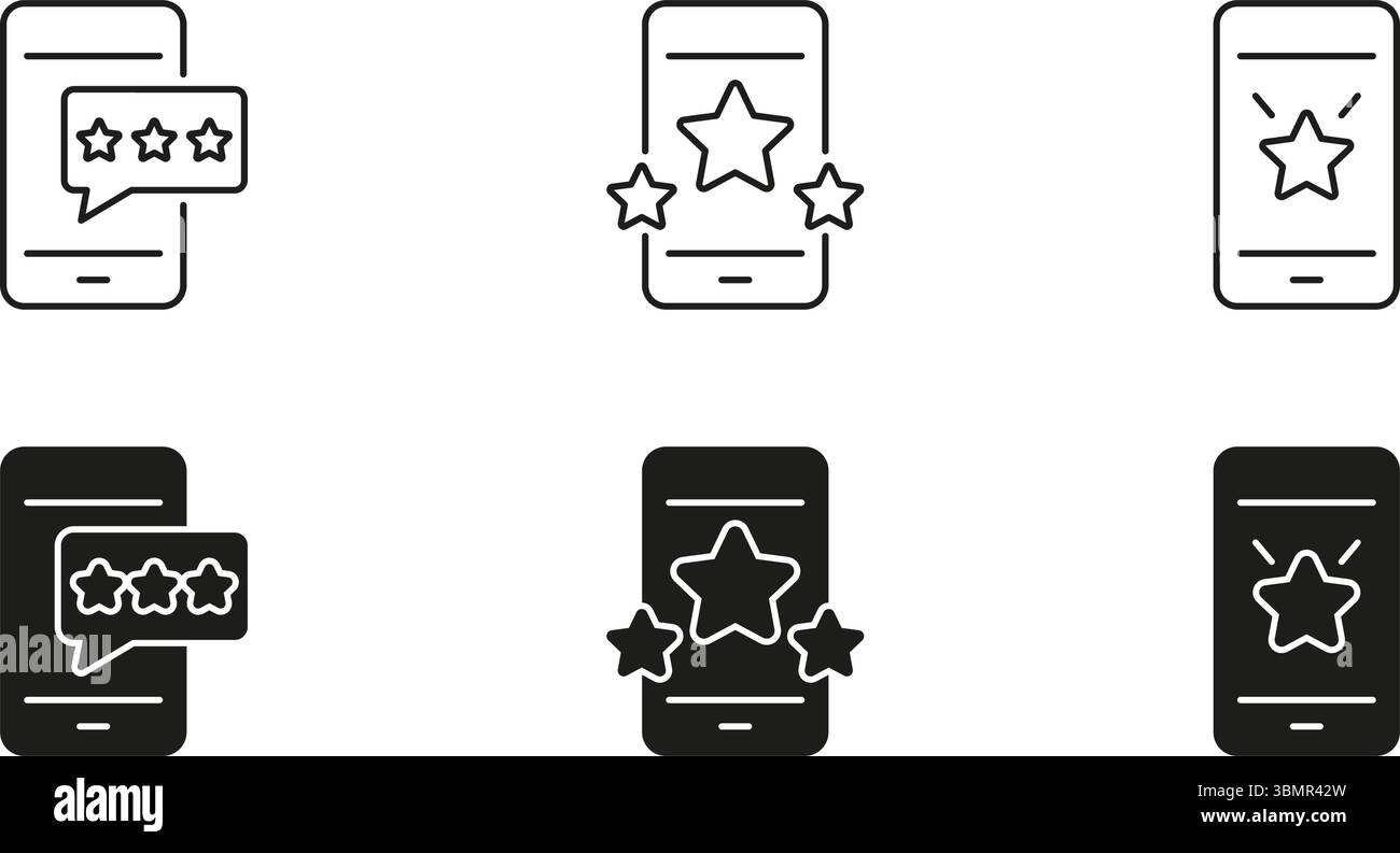 Icone di valutazione e revisione delle app mobili impostate. Feedback degli utenti e Star rating System Outline e silhouette Symbol Collection. Soddisfazione del cliente e. Illustrazione Vettoriale