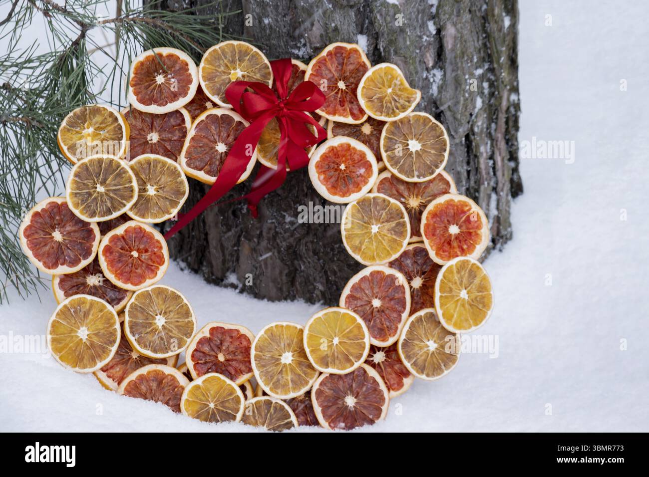 Corona di Natale fatta a mano con fette di pompelmo d'arancia secca. Decorazioni natalizie nelle giornate invernali innevate all'aperto. Vacanza sostenibile e responsabile Foto Stock