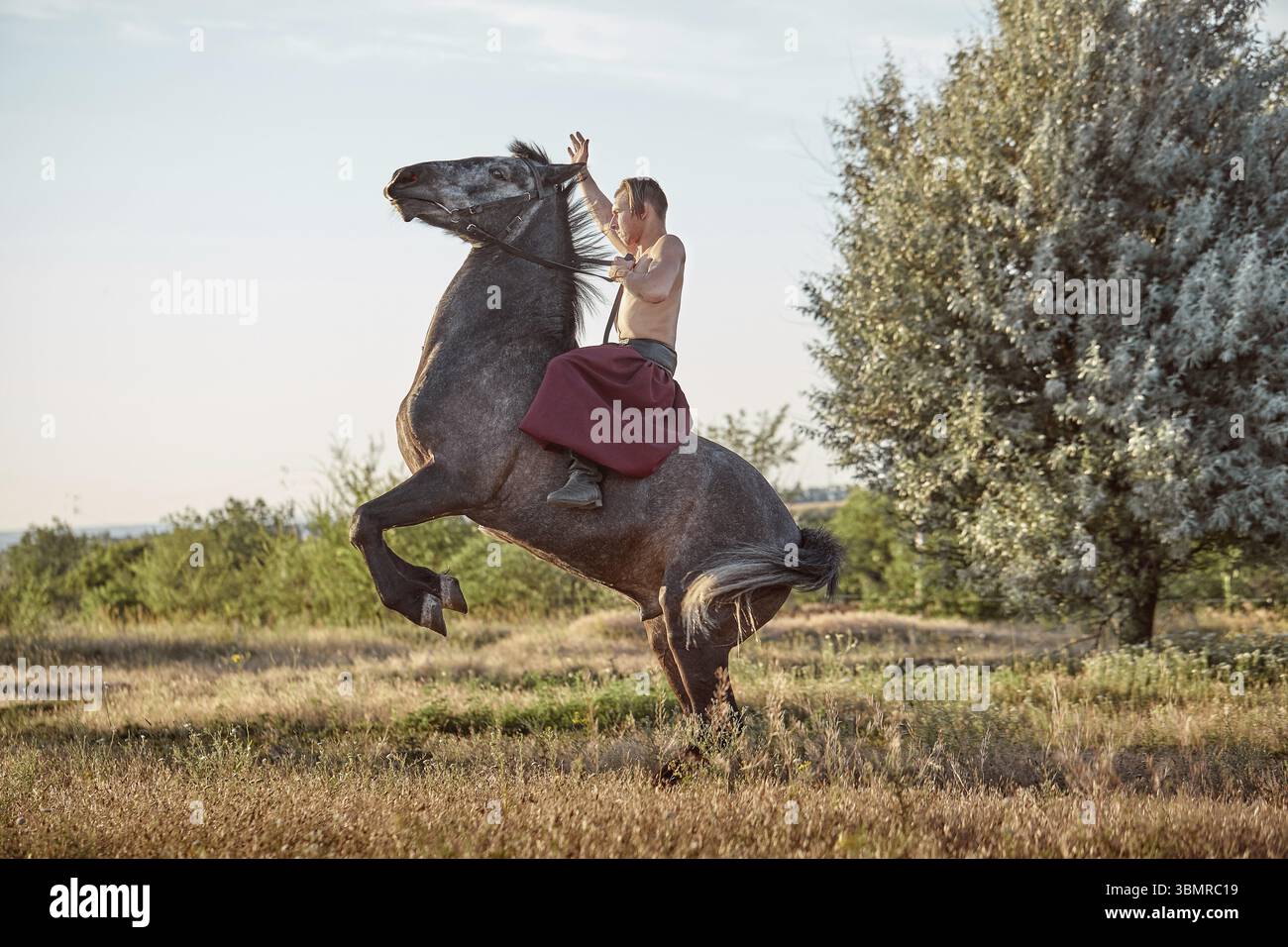Uomo bello cowboy a cavallo di un cavallo - sullo sfondo di un cielo e alberi. Un uomo in rosso pantaloni larghi senza una camicia. Visualizza Foto Stock