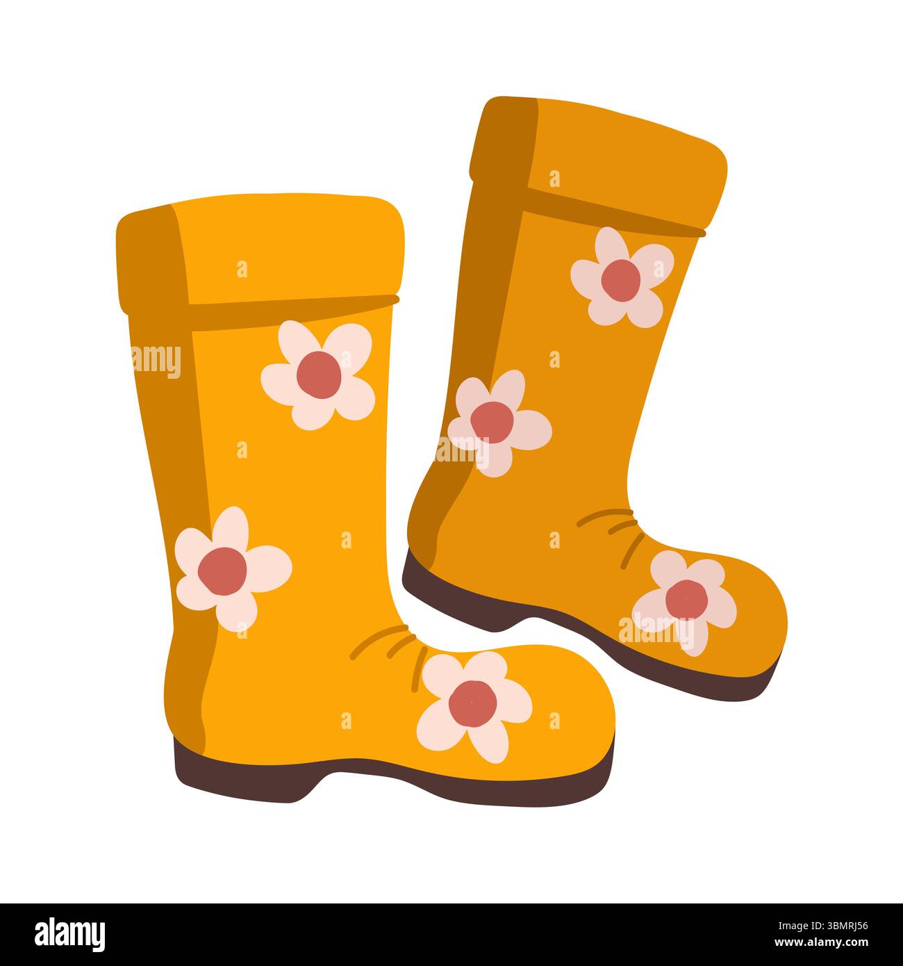 Illustrazione vettoriale di stivali in gomma arancione cartoni animati con motivo floreale. Stivali di gomma per la pioggia autunnale. Accessorio per la stagione autunnale. Illustrazione Vettoriale