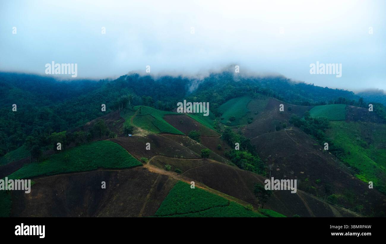 Vista aerea di una montagna che è stata abbattuta e distrutta dagli esseri umani. Vista dall'alto della deforestazione in Thailandia. Distruzione ambientale. Foto Stock