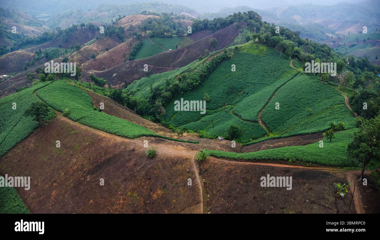 Vista aerea di una montagna che è stata abbattuta e distrutta dagli esseri umani. Vista dall'alto della deforestazione in Thailandia. Distruzione ambientale. Foto Stock