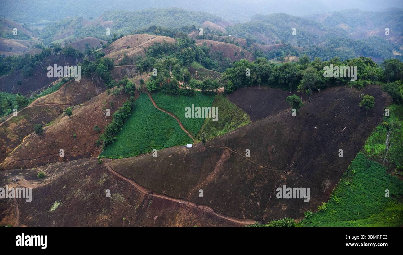 Vista aerea di una montagna che è stata abbattuta e distrutta dagli esseri umani. Vista dall'alto della deforestazione in Thailandia. Distruzione ambientale. Foto Stock