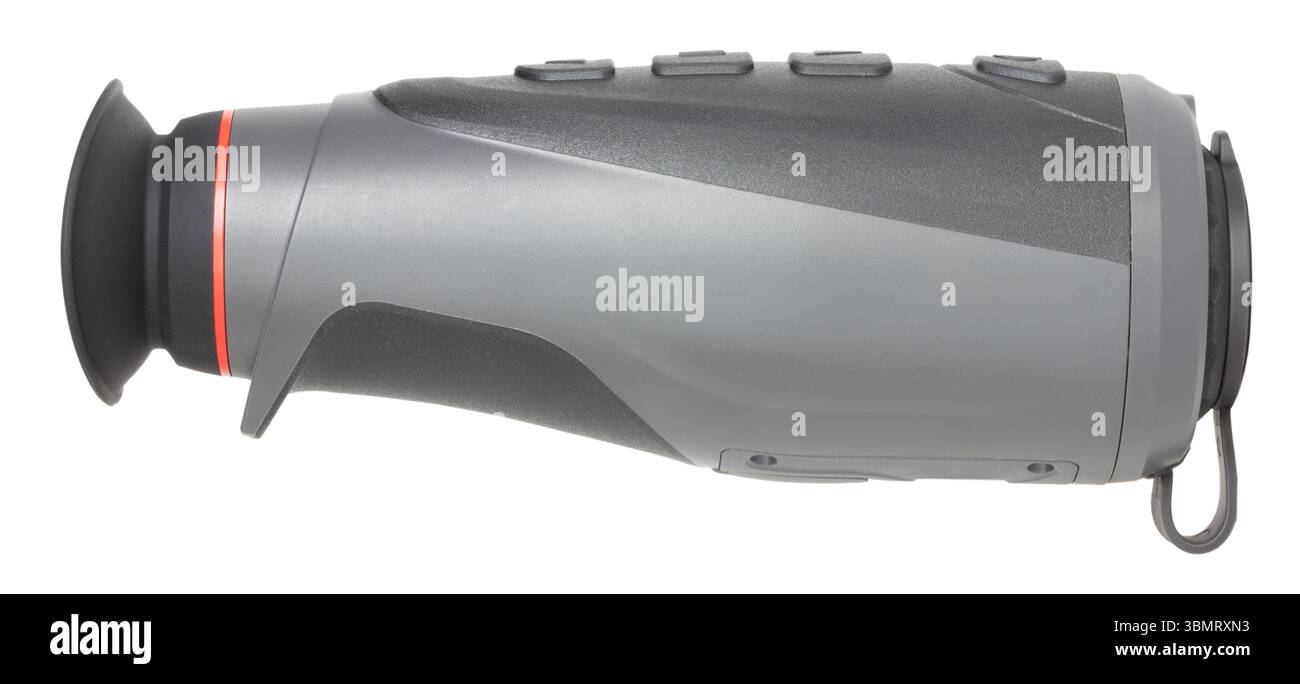 Visto lateralmente in una foto da studio, è un monoculare che utilizza la tecnologia di termografia per vedere al buio isolato su uno sfondo bianco nitido. Foto Stock