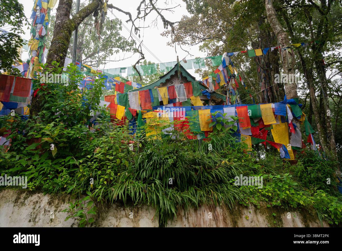Darjeeling, Bengala Occidentale, India-11.08.2023: Bandiere sulle scale nella foresta, via per il Tempio Mahakal o Mahakal Mandir, tempio indù dedicato al Dio Shiva Foto Stock