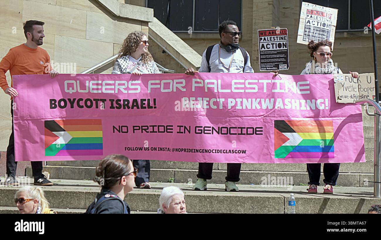 Glasgow, Scozia, Regno Unito. 28 giugno 2025. Dimostrazione di emergenza per l'azione di sostegno alla palestina sui gradini di buchanan presso la sala da concerto reale nel centro della città. Credit Gerard Ferry/Alamy Live News Foto Stock