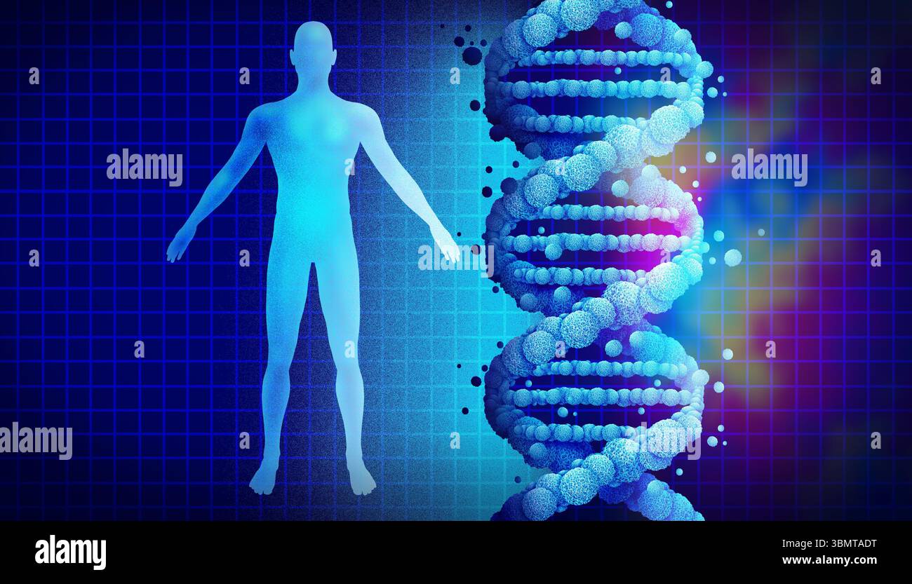 La genetica umana artificiale e il genoma sintetico futuristico concetto dell'uomo hanno creato il DNA umano con cromosomi modificati come una biotecnologia a doppia elica, e g Foto Stock La genetica umana artificiale e il genoma sintetico futuristico concetto dell'uomo hanno creato il DNA umano con cromosomi modificati come una biotecnologia a doppia elica, e g Foto Stock