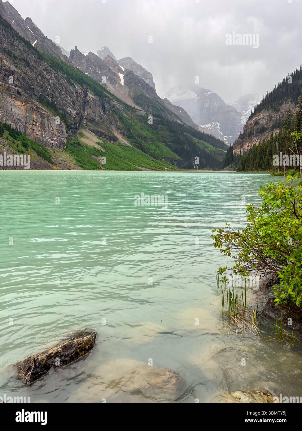 Guardando la fonte del Lago Louise, Banff NP, Canada Foto Stock