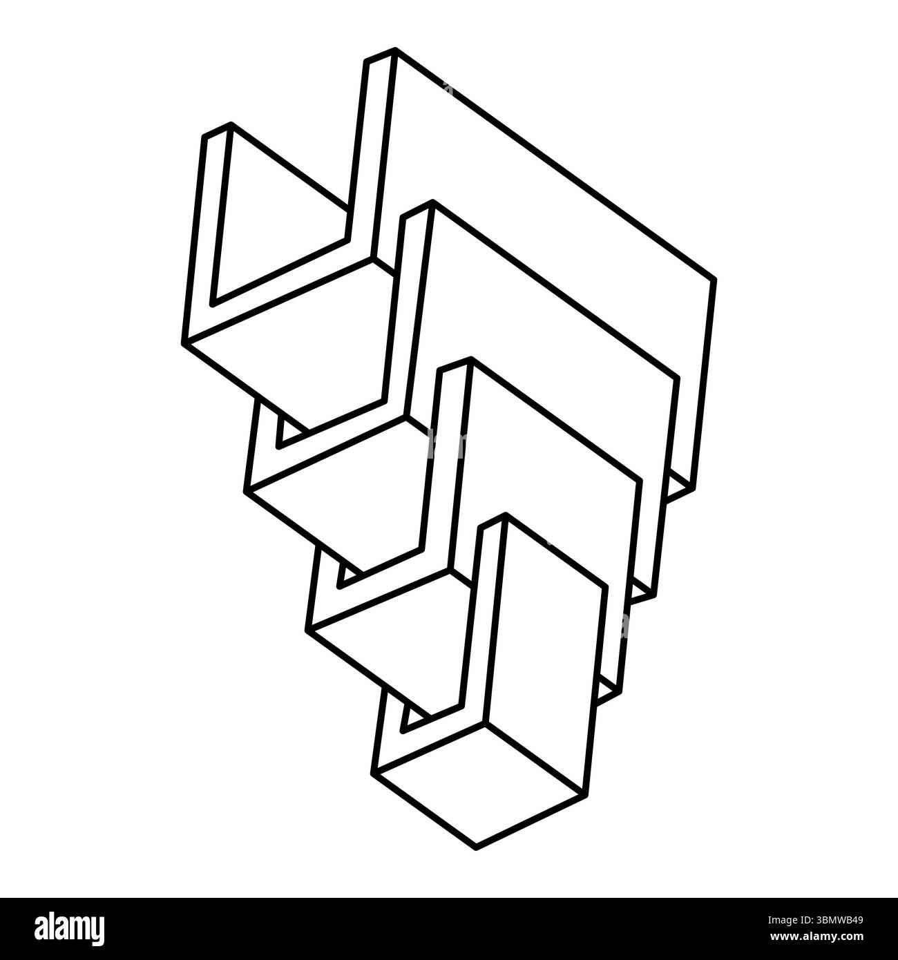 Forme impossibili. Figure di illusione ottica. Oggetto op art. Forma grafica della linea. Illustrazione Vettoriale