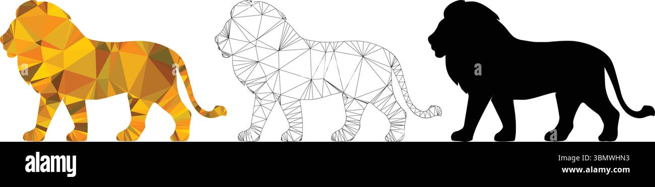 Silhouette geometrica Lion Low-Poly, struttura a reticolo e varianti Solid Black Illustrazione Vettoriale