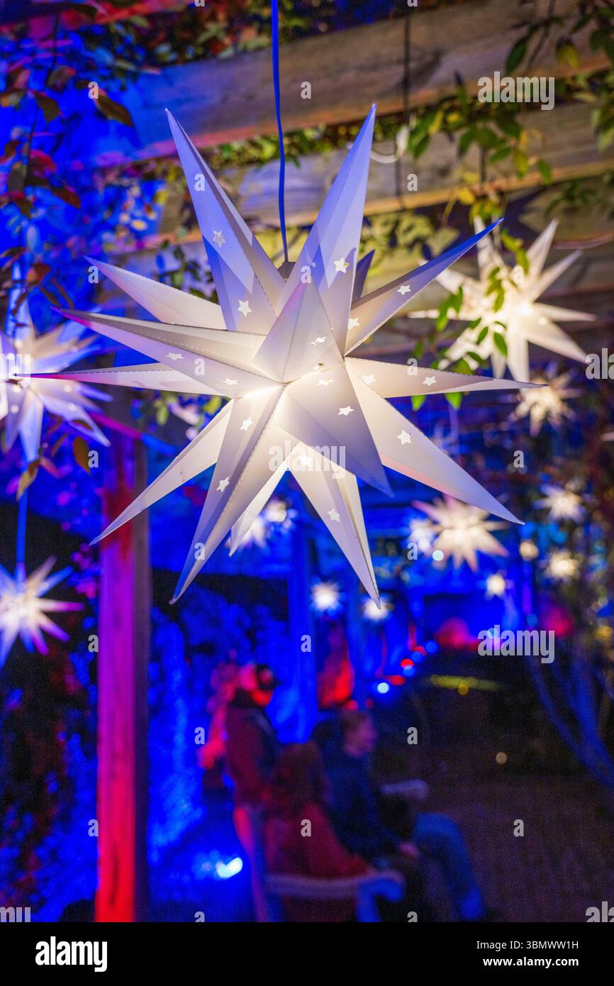 La spettacolare illuminazione notturna trasforma i giardini formali in un'esperienza artistica coinvolgente e tour a piedi al Museo della Valle dello Shenandoah. Foto Stock