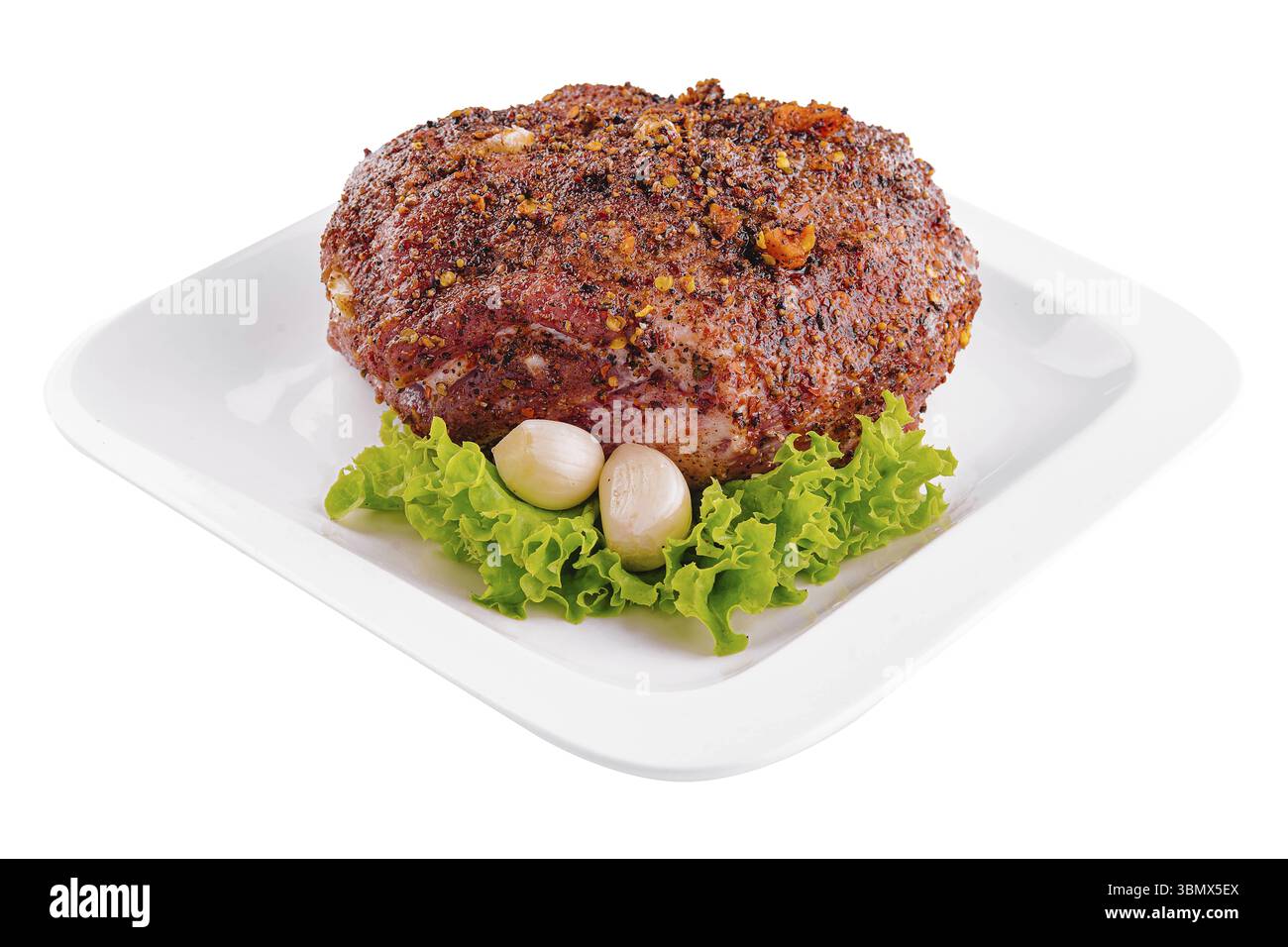 Natura morta del cibo, carne di pollo marinata cruda su piatto Foto Stock