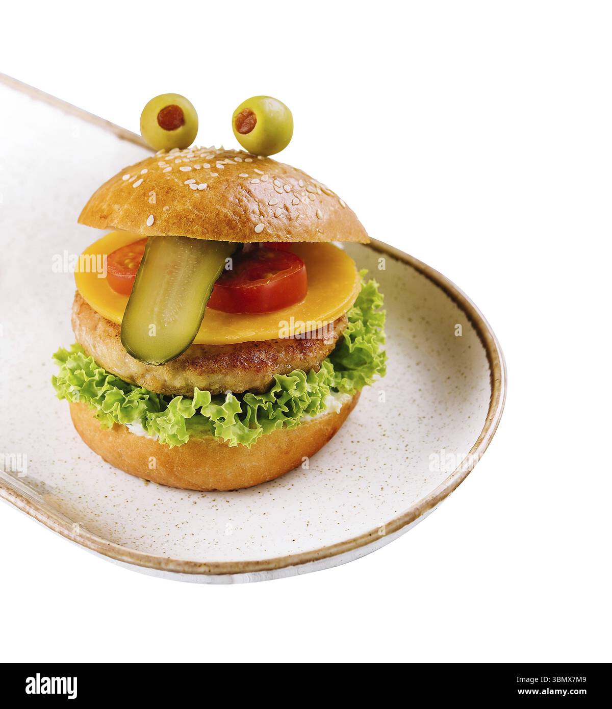 Food STILL-Life, hamburger bambini su piatto bianco isolato Foto Stock
