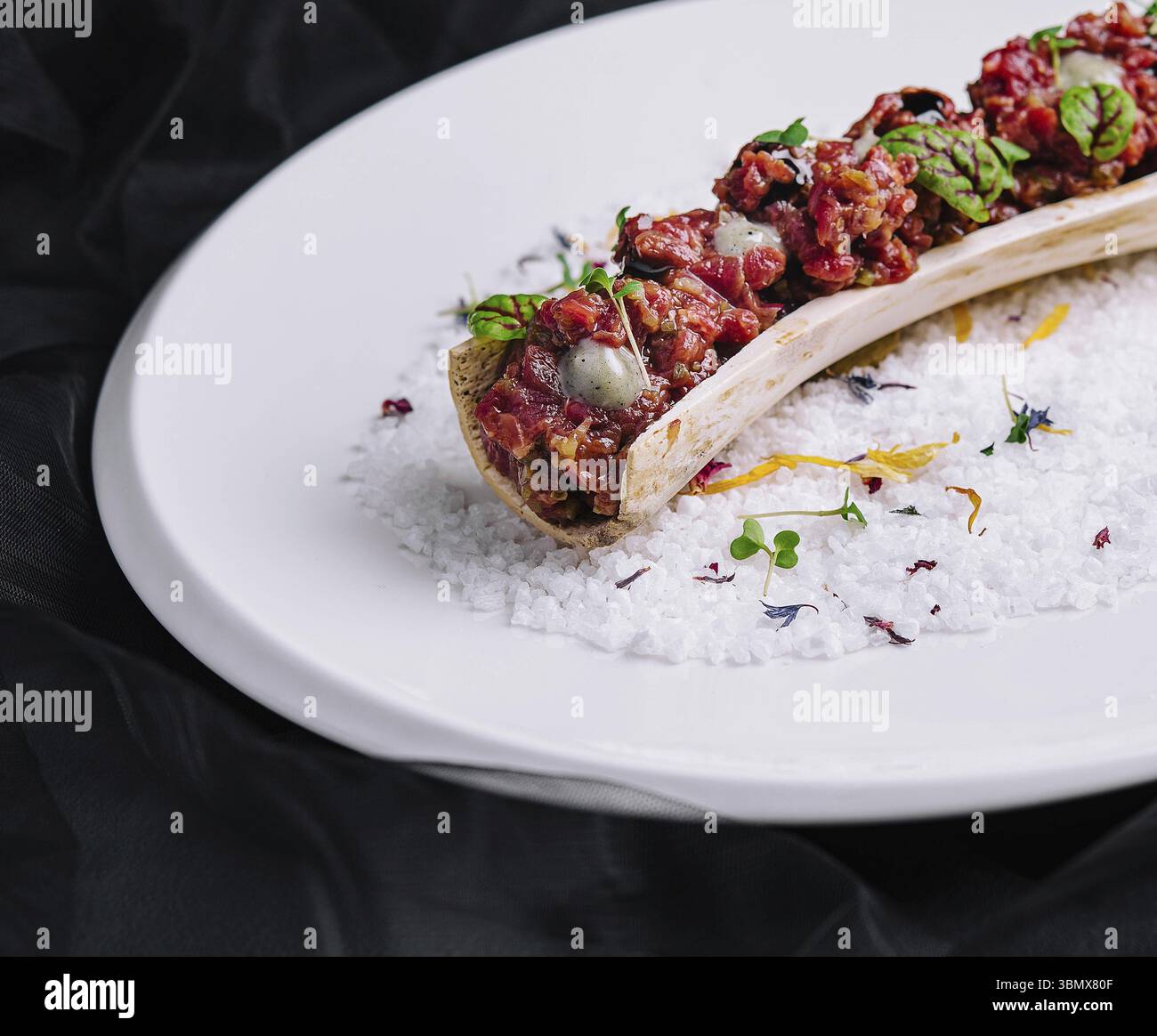 Natura morta del cibo, squisita tartare di manzo su piatto Foto Stock