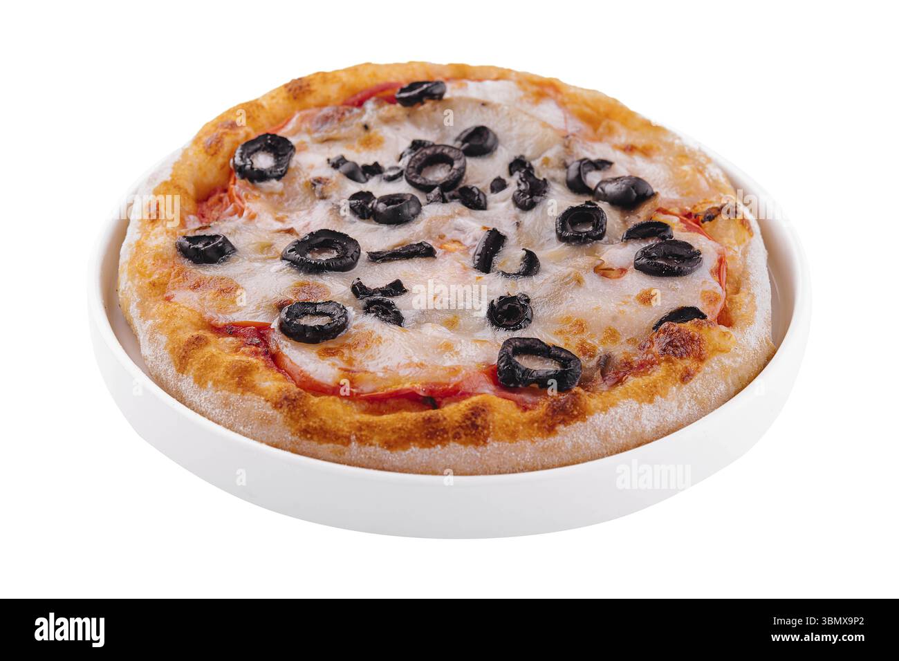 Cibo natura morta, mini pizza con olive e formaggio sul piatto Foto Stock