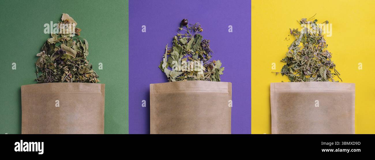Natura morta alimentare, sacchetti di carta con diversi tipi di tè secchi sparsi Foto Stock
