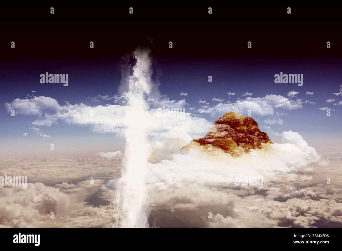 La colonna delle nuvole surreali si interseca con il fascio orizzontale sopra il mare delle nuvole con il picco roccioso in un design piatto Foto Stock
