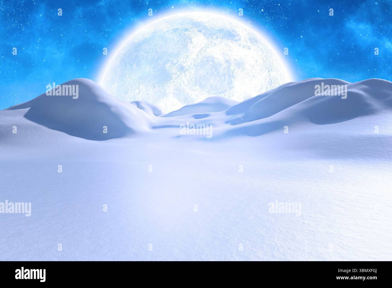 La grande luna piena si illumina sulle dolci colline innevate in un design piatto, con cielo stellato Foto Stock
