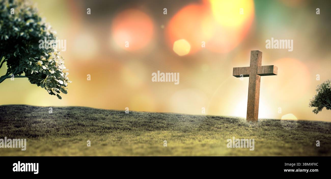 Il design piatto raffigura una croce di legno in piedi su una collina erbosa sotto il cielo dorato con sfere bokeh Foto Stock