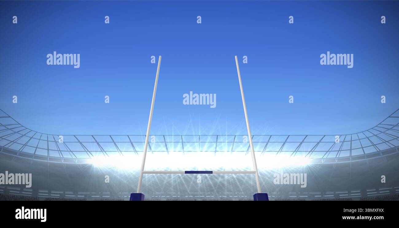 Mostra la scena di uno stadio dal design piatto, con pali bianchi, proiettori, posti a sedere vuoti e tetto curvo Foto Stock