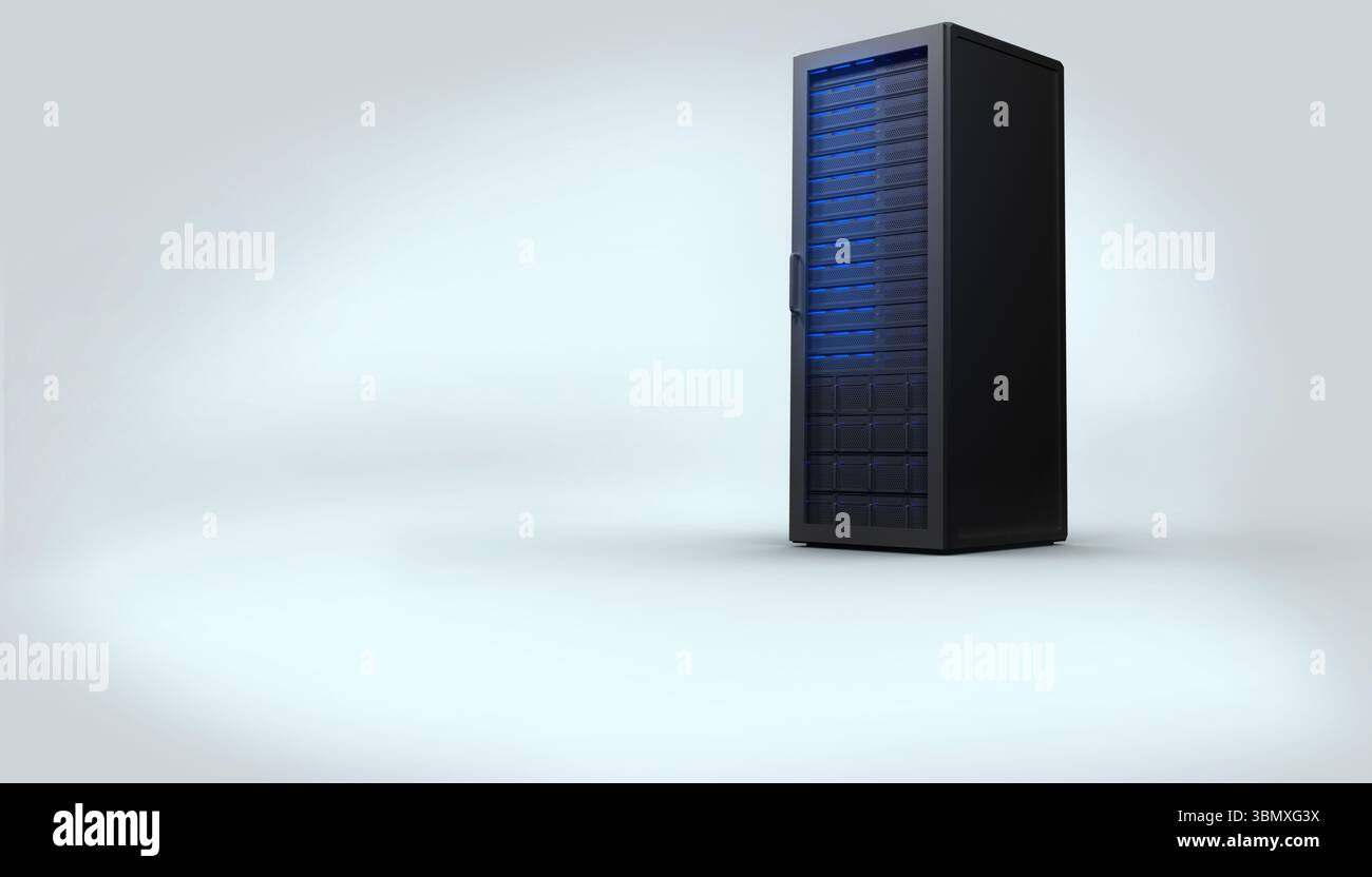 Il server tower nero si trova in uno studio minimale piatto, con pannelli LED blu brillanti e spazio per le copie Foto Stock