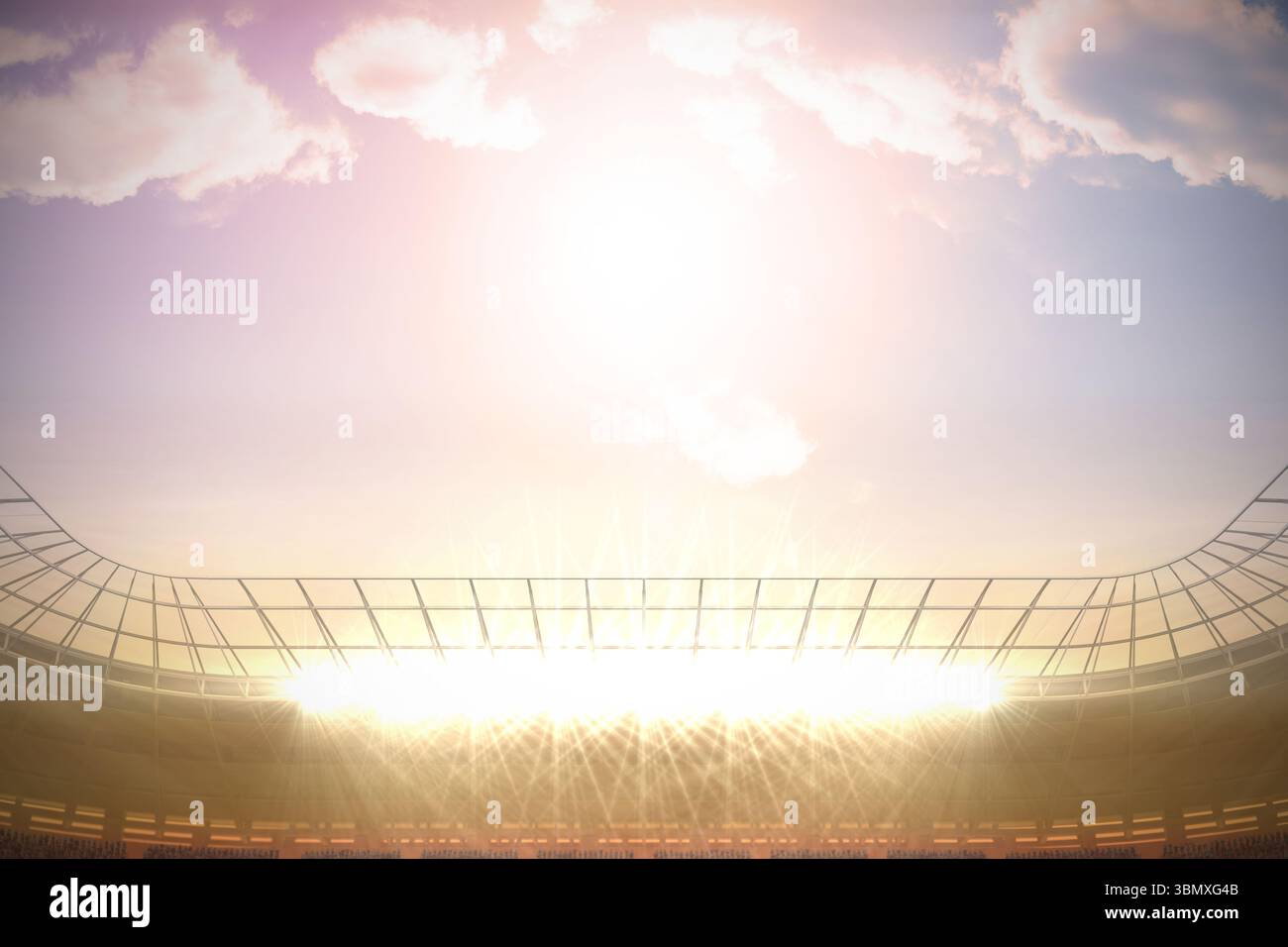 Il design piatto mostra una ciotola con posti a sedere a stadio con file a gradini, proiettori e capriate con tetto ricurvo Foto Stock
