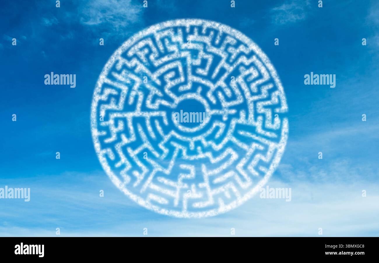 Il motivo del labirinto di nuvole circolari si sposta in un cielo di illustrazione piatto, con nuvole sparsi Foto Stock