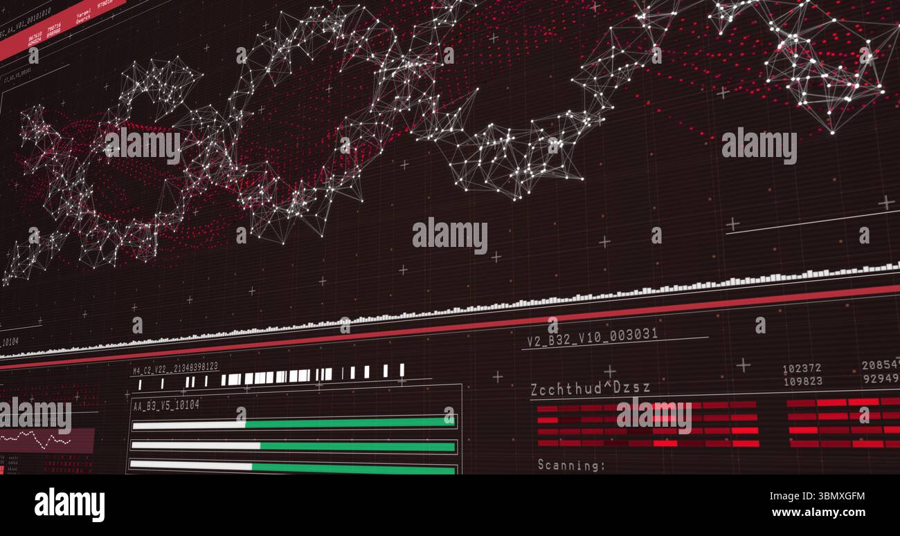 La dashboard stilizzata visualizza un grafico 3D con forme d'onda, pannelli dati e stato di scansione su interfaccia utente scura Foto Stock