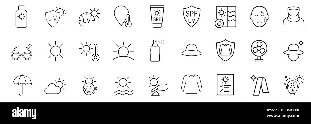 Raccolta icone protezione solare e sicurezza UV. Include crema solare, SPF, schermo UV, abbigliamento estivo e molto altro. Icone di contorno modificabili. Illustrazione Vettoriale
