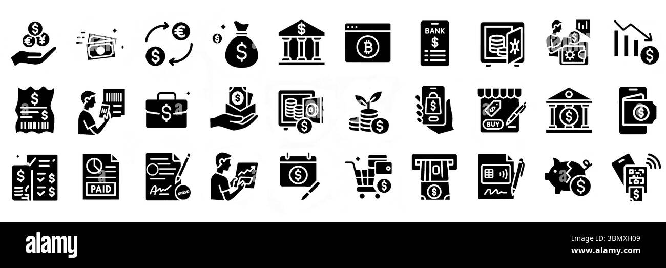 Raccolta icone finanza e transazioni bancarie. Include cambio valuta, Mobile Banking, ricevute, cassaforte e molto altro. Icone di contorno modificabili. Illustrazione Vettoriale