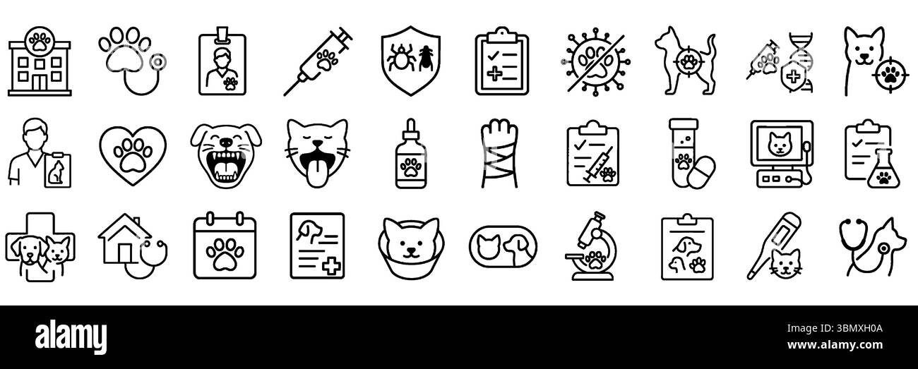 Raccolta icona veterinaria e PET Care Stroke. Include Vet, Paw, siringa, Medicina, Cat, cane, e molto altro ancora. Icone di contorno modificabili. Illustrazione Vettoriale