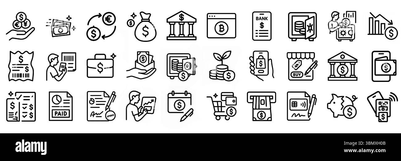 Raccolta icone finanza e transazioni bancarie. Include denaro, pagamenti a cellulare, ricevute, cassaforte, banca, e molto altro ancora. Icone di contorno modificabili. Illustrazione Vettoriale
