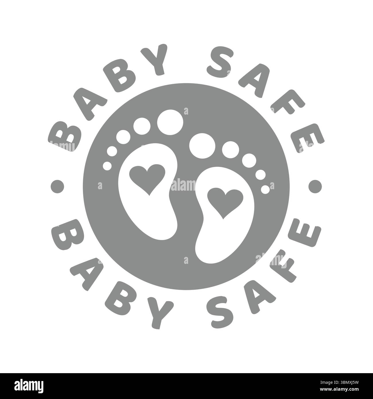 Etichetta vettoriale del prodotto sicuro per i bambini. Articoli adatti e sicuri per il bambino, con impronte e cuore. Illustrazione Vettoriale