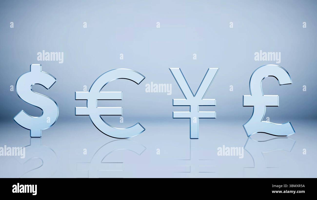 Segni di mondi che dominano le valute. Concetto di tasso di cambio di dollaro (usd), sterlina (gbp), euro e yuan sul mercato Foto Stock