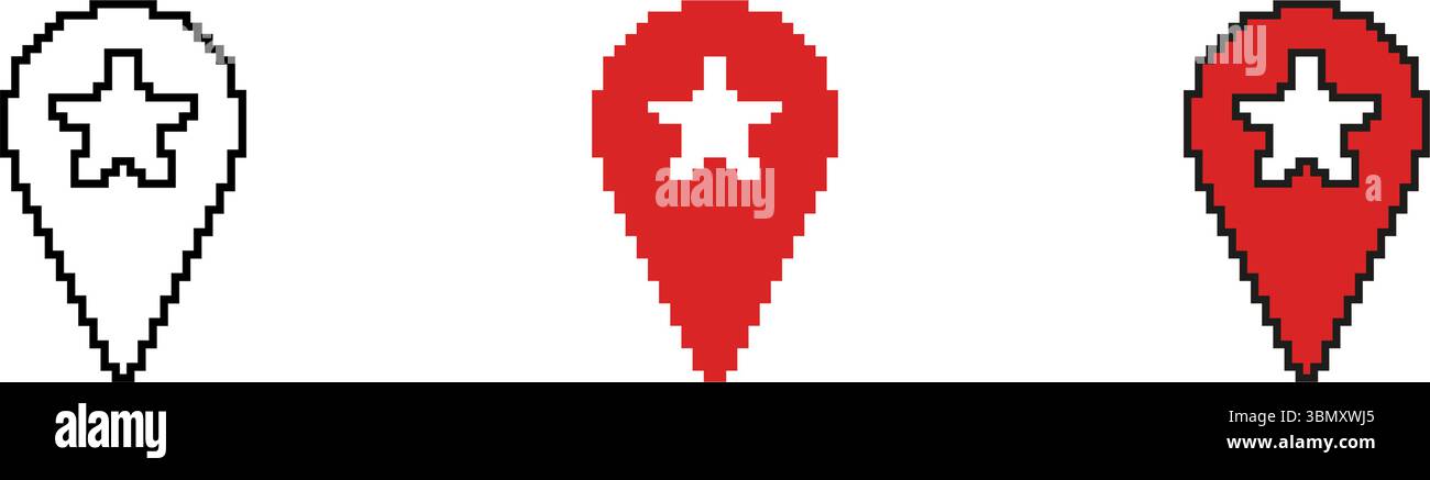 Spilla mappa con icona a stella impostata. Indicatore di posizione con simbolo a stella per i luoghi preferiti e la navigazione. Stile pixel Art per mappe e applicazioni GPS Illustrazione Vettoriale
