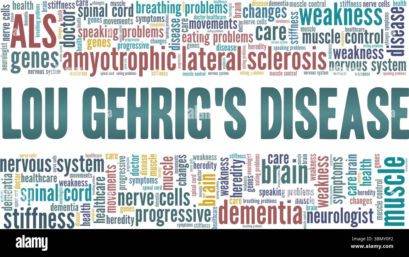Malattia di Lou Gehrig - SLA Amyotrophic sclerosi laterale parola nuvola progettazione concettuale isolato su sfondo bianco. Illustrazione Vettoriale