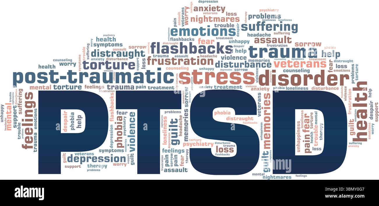 Disturbo post-traumatico da stress PTSD nuvola di parole progettazione concettuale isolata su sfondo bianco. Illustrazione Vettoriale
