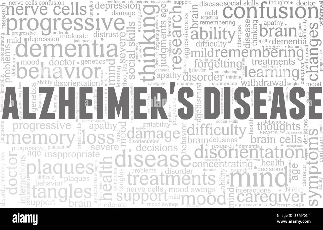 Morbo di Alzheimer Word cloud design concettuale isolato su sfondo bianco. Illustrazione Vettoriale