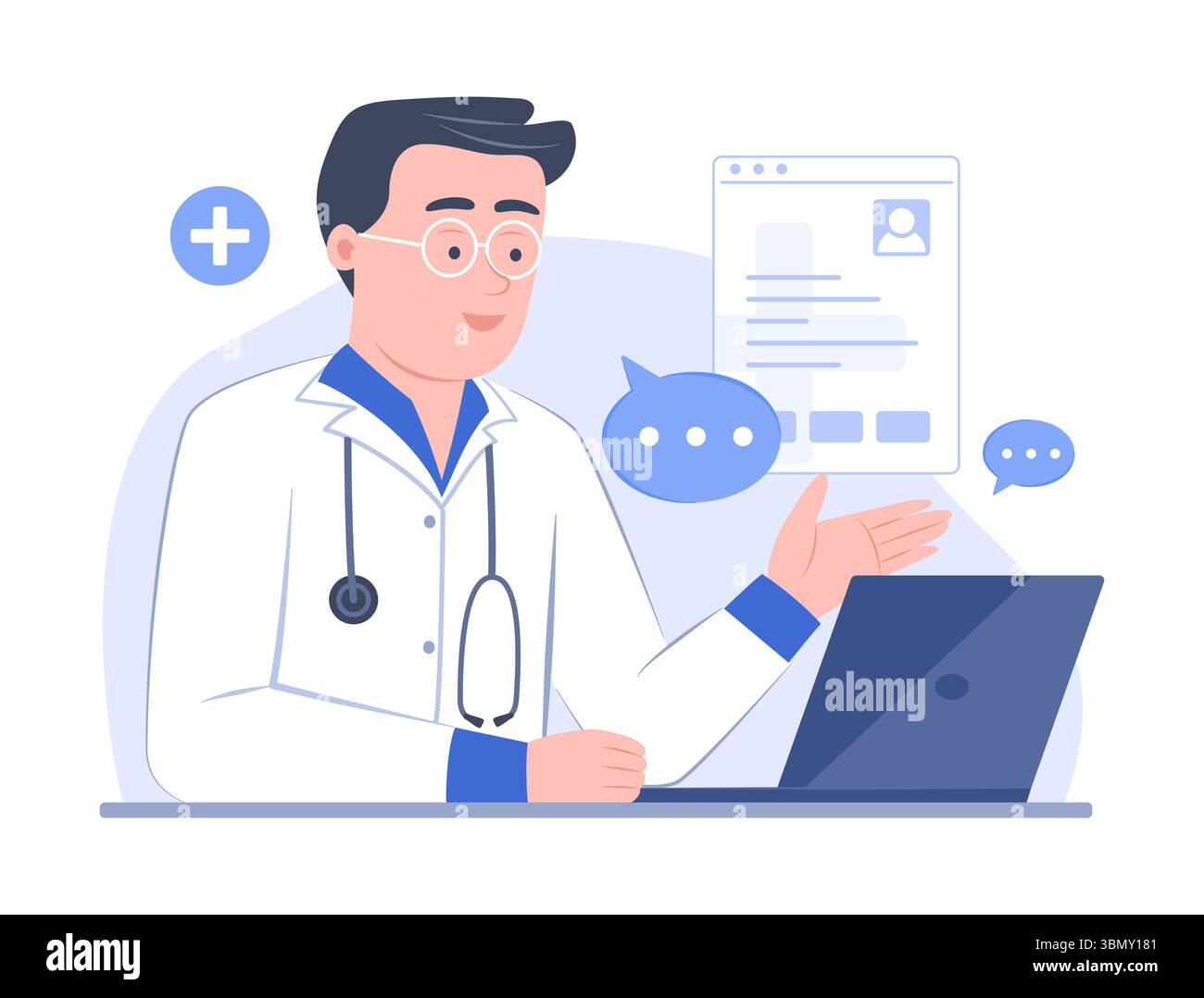 Maschio medico in uniforme di abito medico facendo consultazione di sanità online per il controllo di salute via Telemedicine Technology Concept Illustration Illustrazione Vettoriale Maschio medico in uniforme di abito medico facendo consultazione di sanità online per il controllo di salute via Telemedicine Technology Concept Illustration Illustrazione Vettoriale