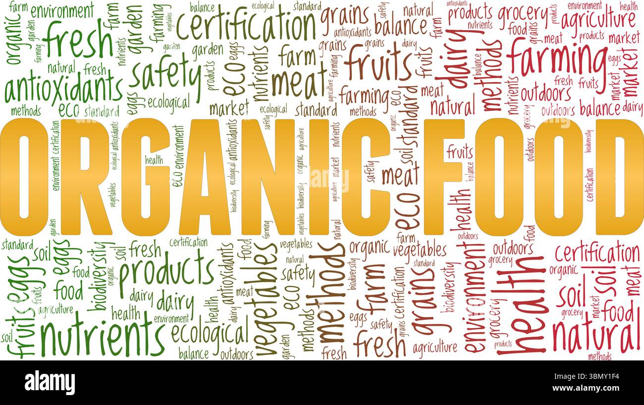 Design concettuale di fumetti di parole Organic Food isolato su sfondo bianco. Illustrazione Vettoriale