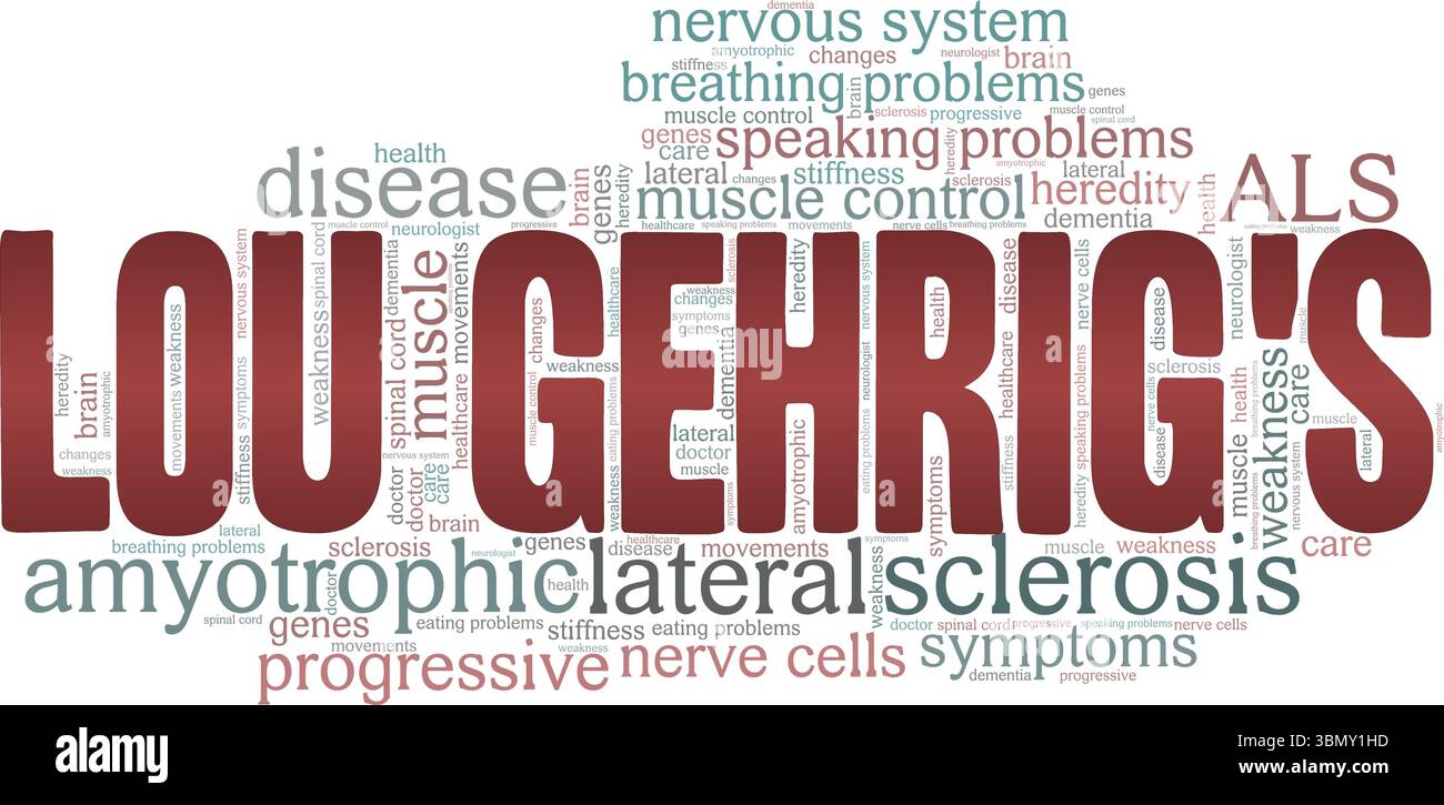 Malattia di Lou Gehrig - SLA Amyotrophic sclerosi laterale parola nuvola progettazione concettuale isolato su sfondo bianco. Illustrazione Vettoriale