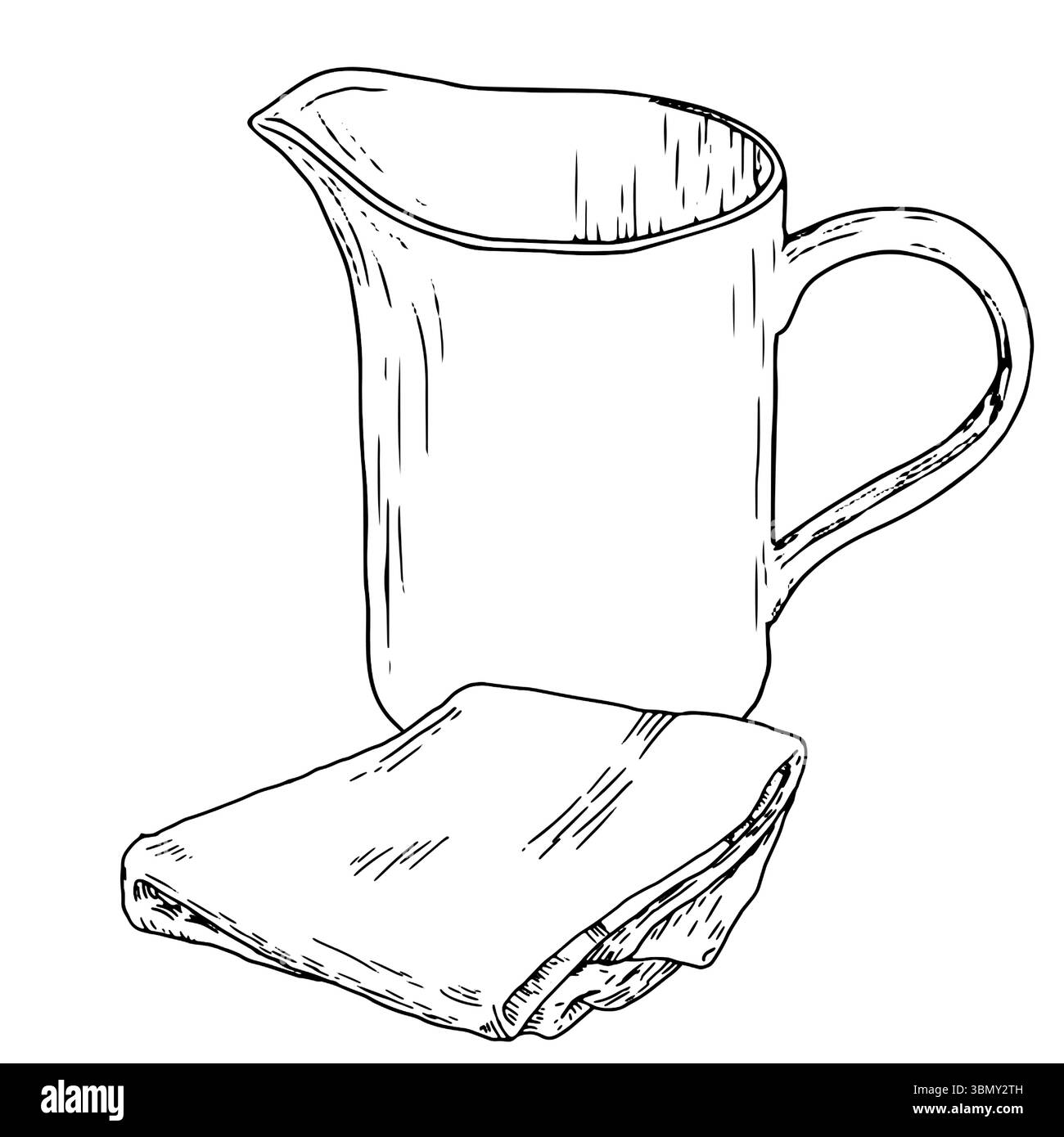 Caraffa in ceramica per acqua o latte e un asciugamano piegato, uno schizzo con inchiostro bianco e nero. Illustrazione vettoriale. Decanter con maniglia per il bagno, insulato Illustrazione Vettoriale