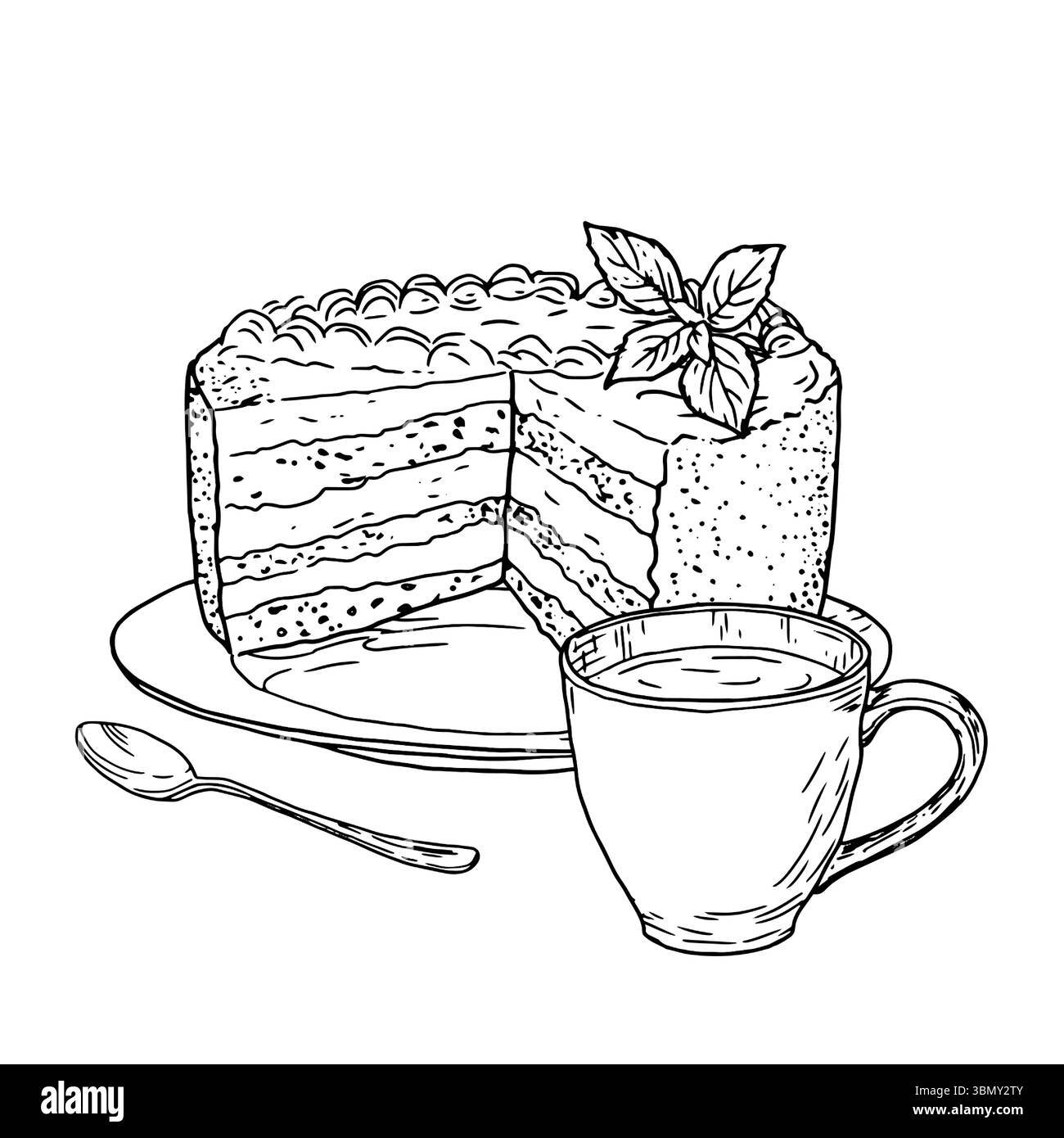 Torta a fette con panna su un piatto, una tazza di tè e un cucchiaio, uno schizzo di inchiostro bianco e nero. Illustrazione vettoriale. Dolci della pasticceria di isola Illustrazione Vettoriale