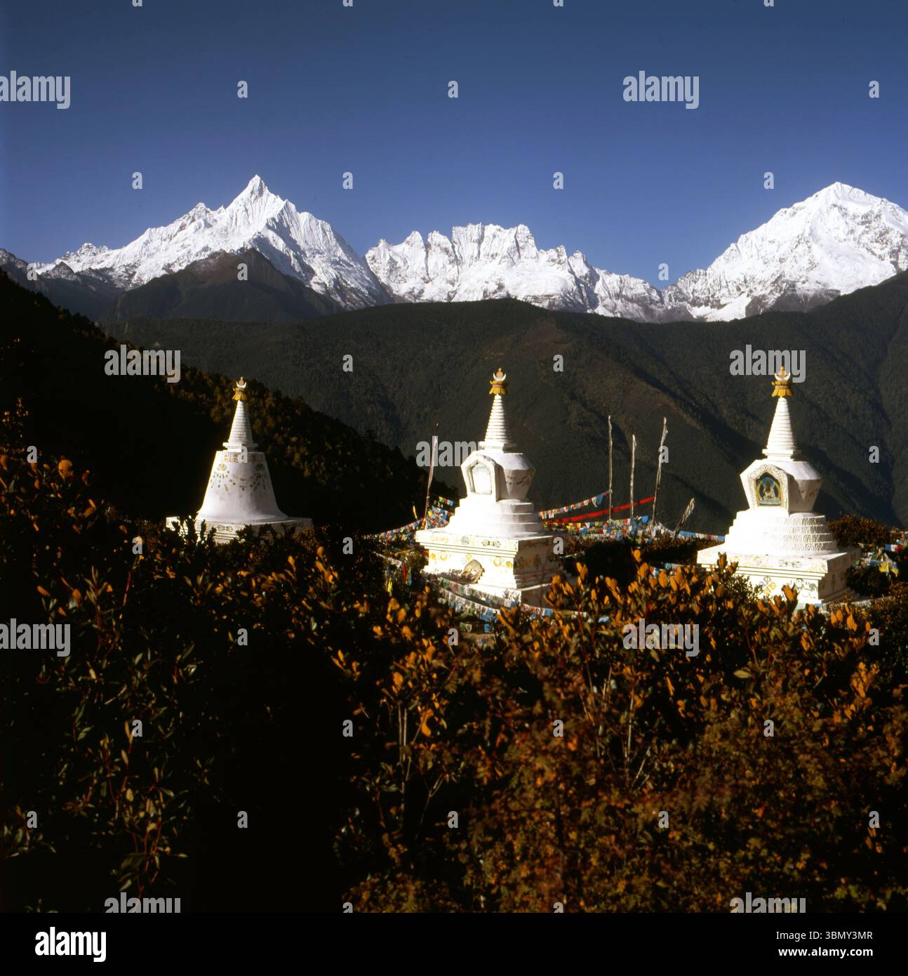 Lo Yunnan Shangri-la Stupas tibetano e il panorama delle montagne innevate Meili Foto Stock